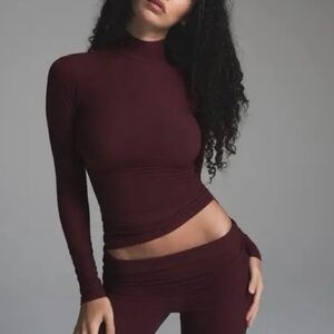 Skims Soft Lounge Mock Neck Long Sleeve Top in Bordeaux